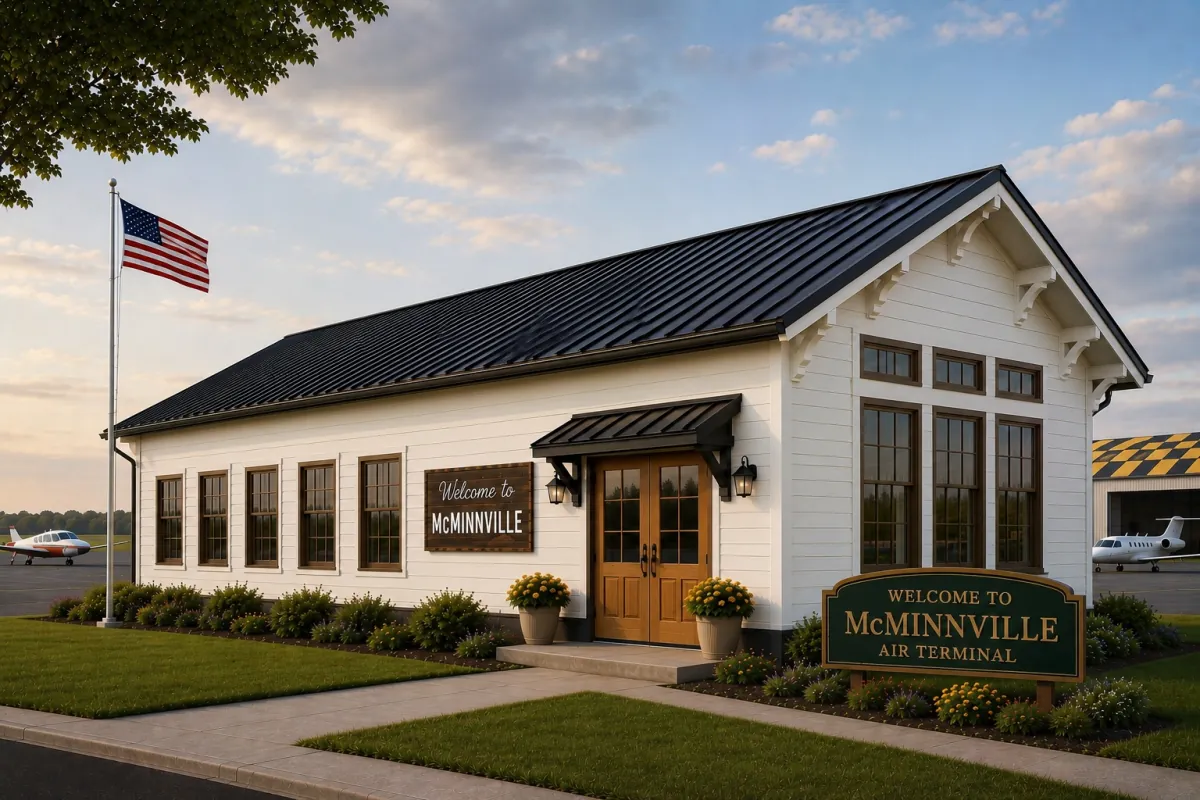 The Trimble Aviation FBO terminal and hangar at McMinnville Municipal Airport