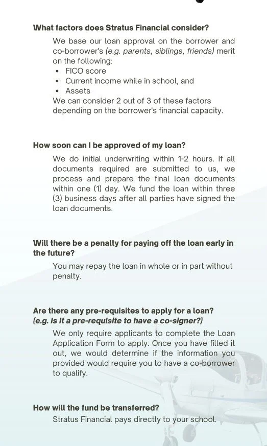 Frequently asked questions about Stratus Financial flight training loans